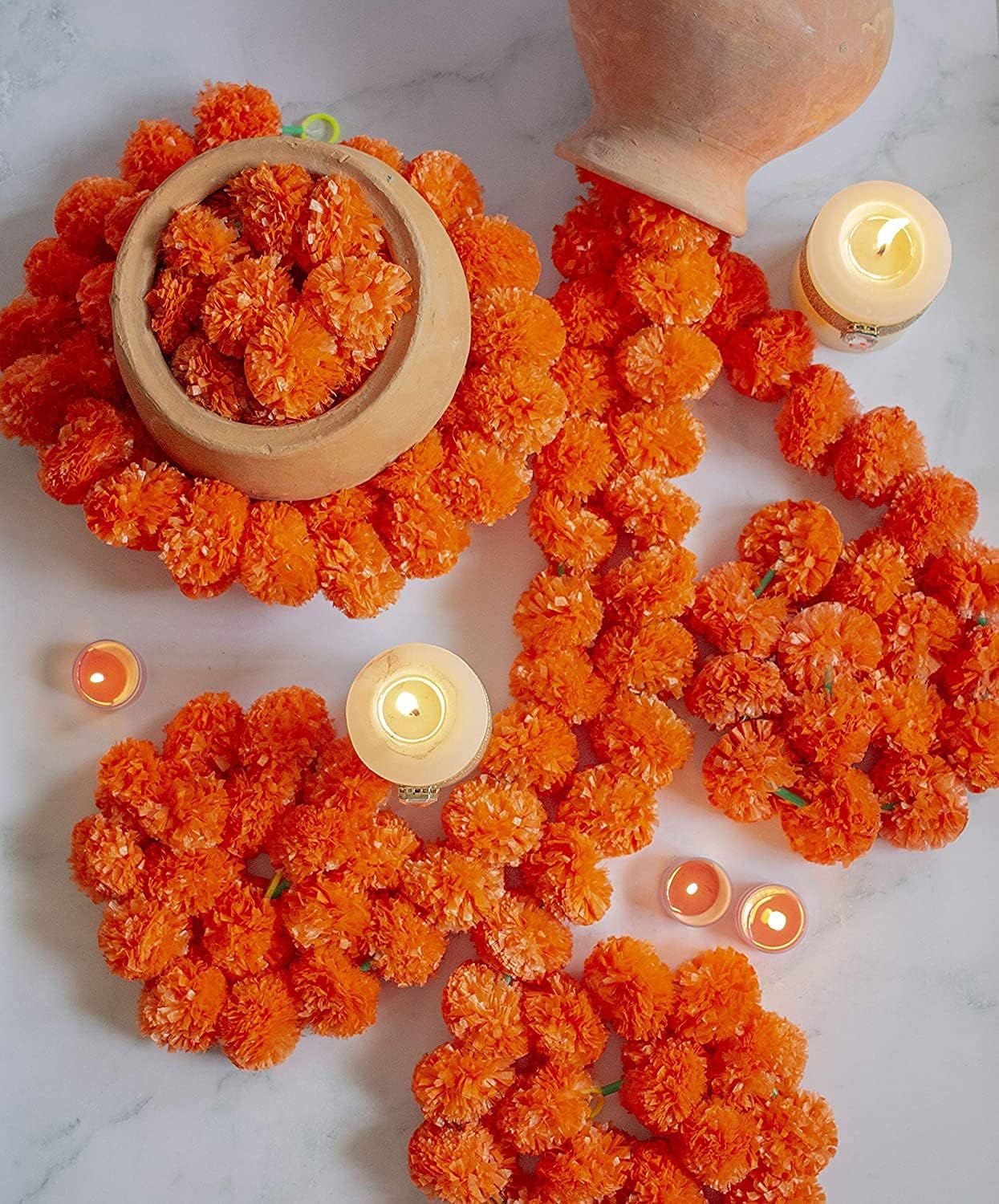 eSplanade Artificial Marigold Flower Garlands for Home Decor - Pack of 5 Strings - Orange Colour - 4 to 4.5 Feet Length
