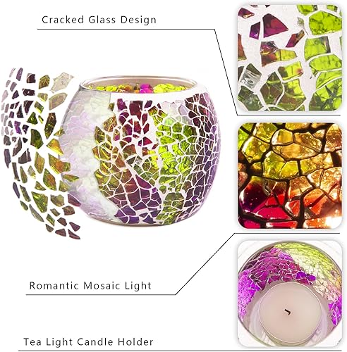 Vista 26 de Rancco Portavelas votivo de vidrio para candelita, juego de 6 portavelas románticos de mosaico manchado, lámpara de vela de aromaterapia agrietada