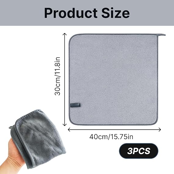 Microfibre Hand Towels with Hanging Loop, Small Hand Towels Set of 3, Quick Dry Towel for Kitchen and Bathroom Use, Soft Kitchen Hand Towels and Hand Towels for Bathroom, Grey 30 x 40 cm