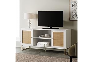 Modern White and Gold TV Stand with Natural Rattan Doors