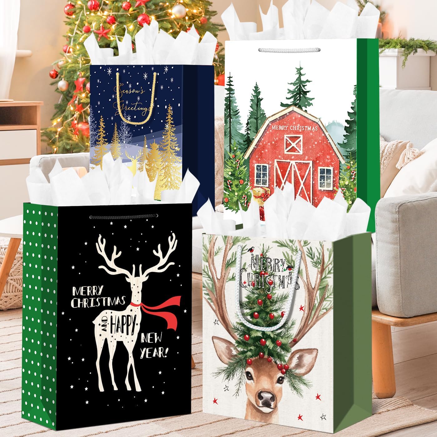 DECHISY 24Pack Christmas Gift bags Assorted Sizes with 24 Gift Tags,Christmas Paper Bags with Handle, 6 Jumbo 6 Large 6 Medium 4 Small 2 Wine Gift Bags for Presents, Xmas Party Favors