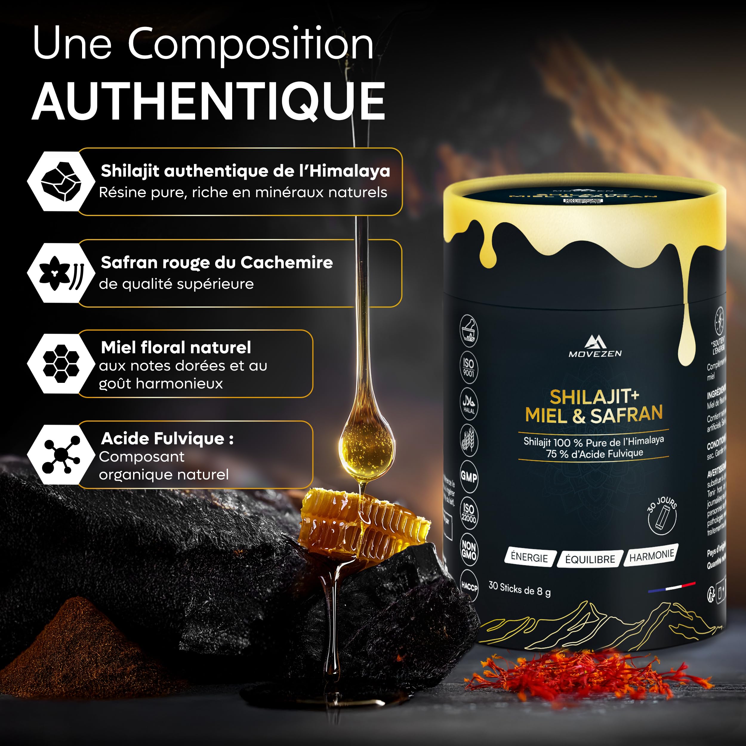 Shilajit+ Miel & Safran Bio, Résine Authentique 100% Pure de l’Himalaya, Énergie Durable, Vitalité, Concentration, 30 Sticks de 8 g, Riche en Acide Fulvique & Humique, 85+ Minéraux