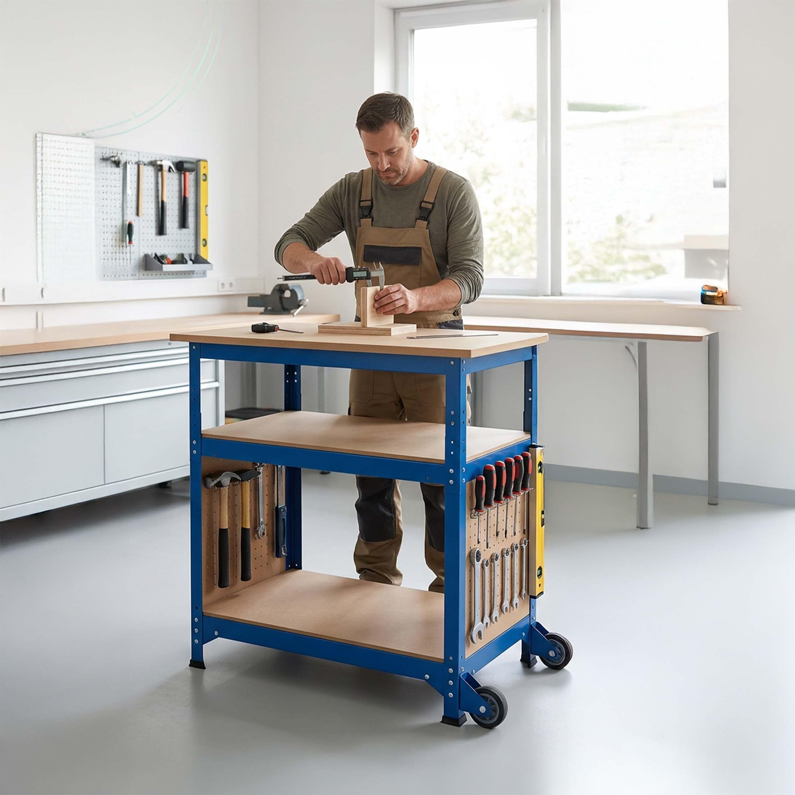 Établi Relaxdays sur roulettes, 69,5×72,5×50 cm, Hauteur réglable, Panneau perforé, Acier/MDF, Bleu