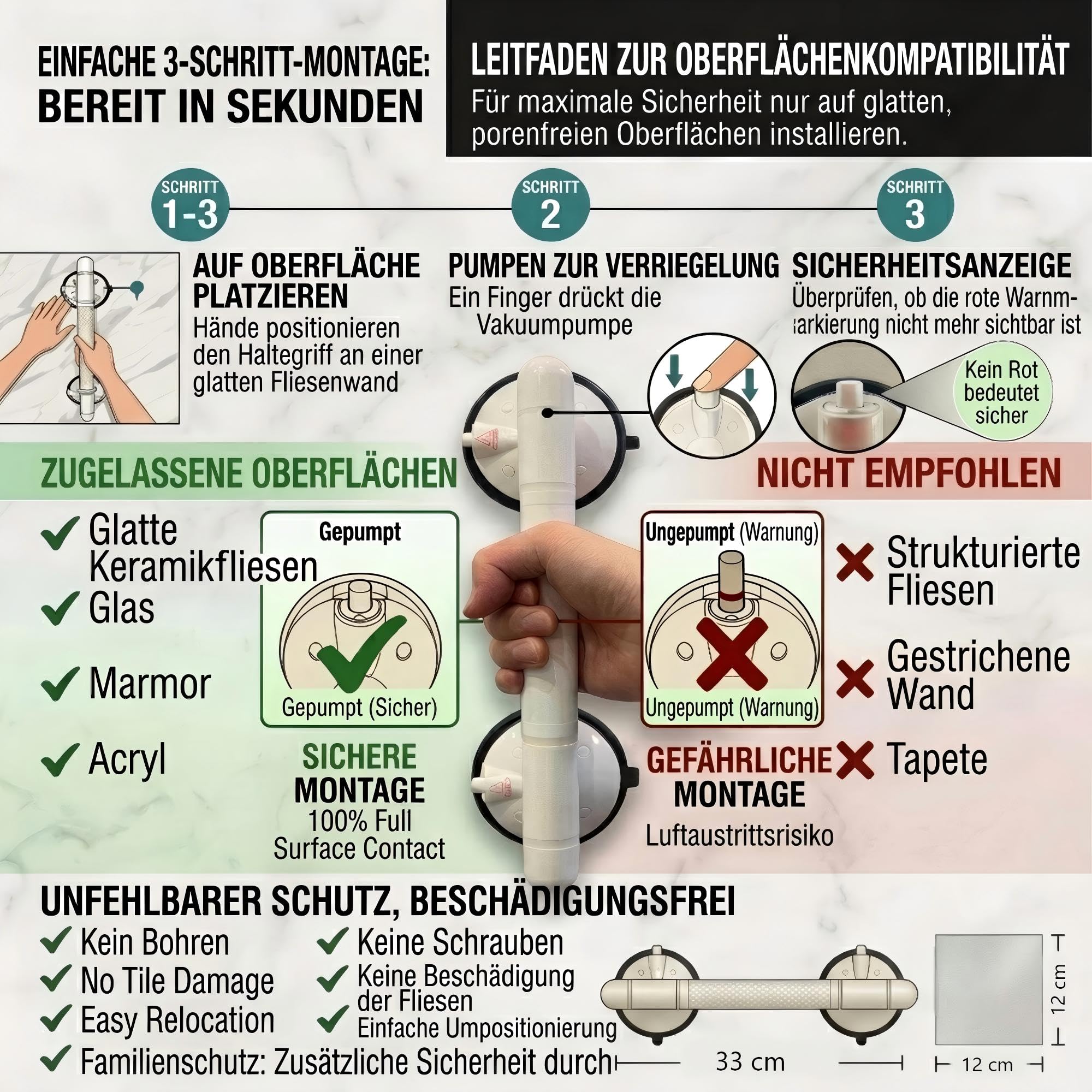 Lot de 2 poignées à ventouse améliorées de 36,5 cm avec indicateur de sécurité visuel - Sans perçage - 200 kg - Antidérapantes pour douche âgée - Baignoire WC