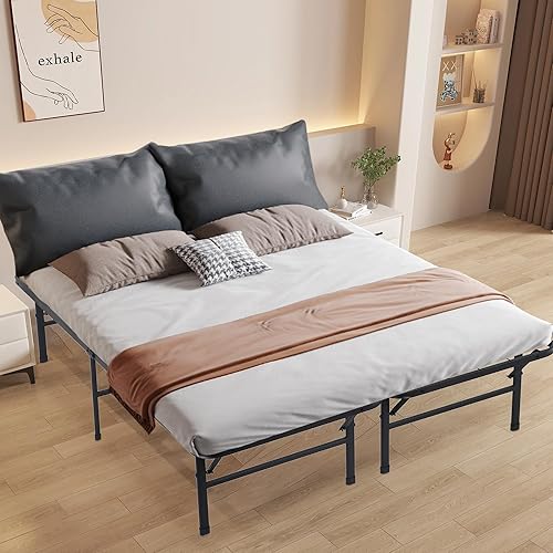 Miniatura 8 de PayLessHere Marco de cama plegable de metal de 14 pulgadas, plataforma de listones de acero resistente, base de cama, base de colchón, repuesto de