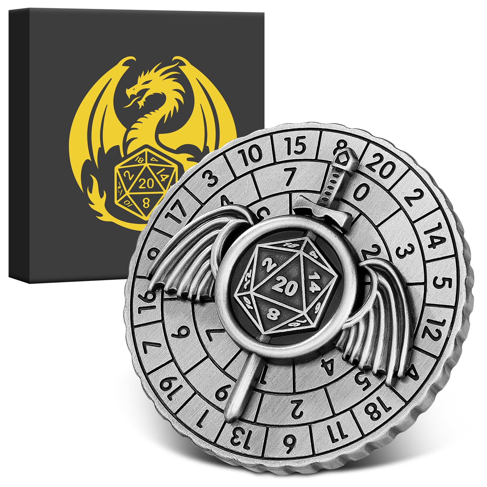 Spinner DND Dice, 7-in-1 Fighters Swords Metallic D&D Dice, Fighters Swords Roulette Dice Spinner for DND Dice Set, DND Gifts with Gift Box, Role Playing Board Game Accessories, Dark Silver