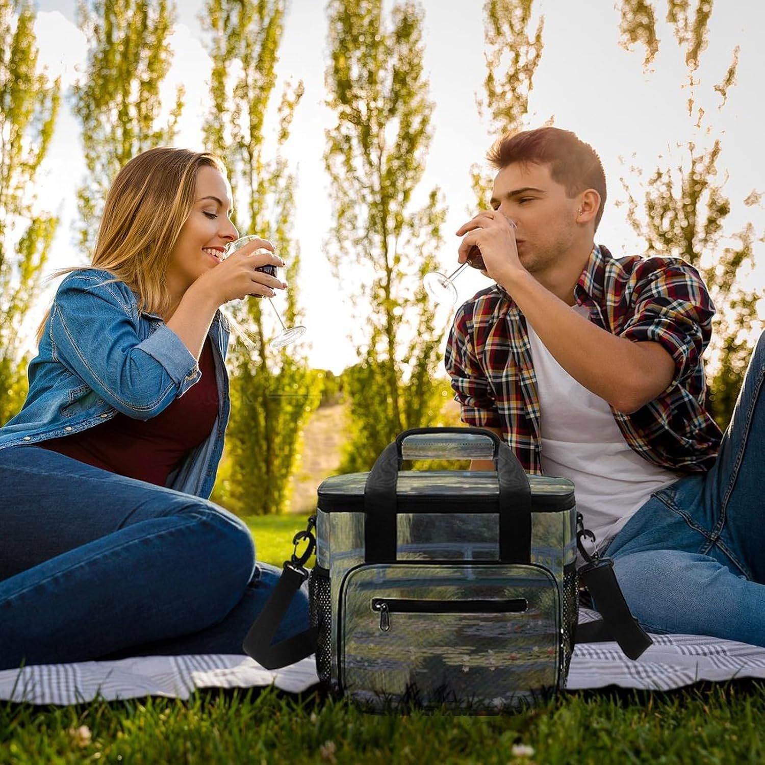 Camping Ice Pack, Water Lily Pond Print Cooler Bag, 22.5L Large Capacity Insulated Lunch Tote Bag for Outdoor, Picnic, BBQ, Travel, Work