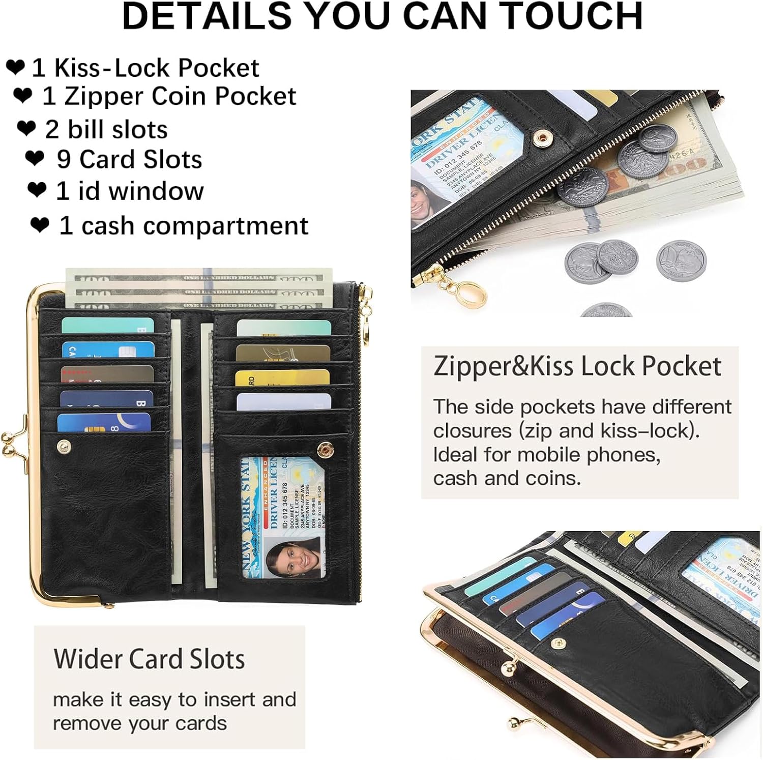 Vintage Wallets for Women Large Bifold Kiss Lock Wallet for Women Leather Zip Clutch Coin Purse - Image 3