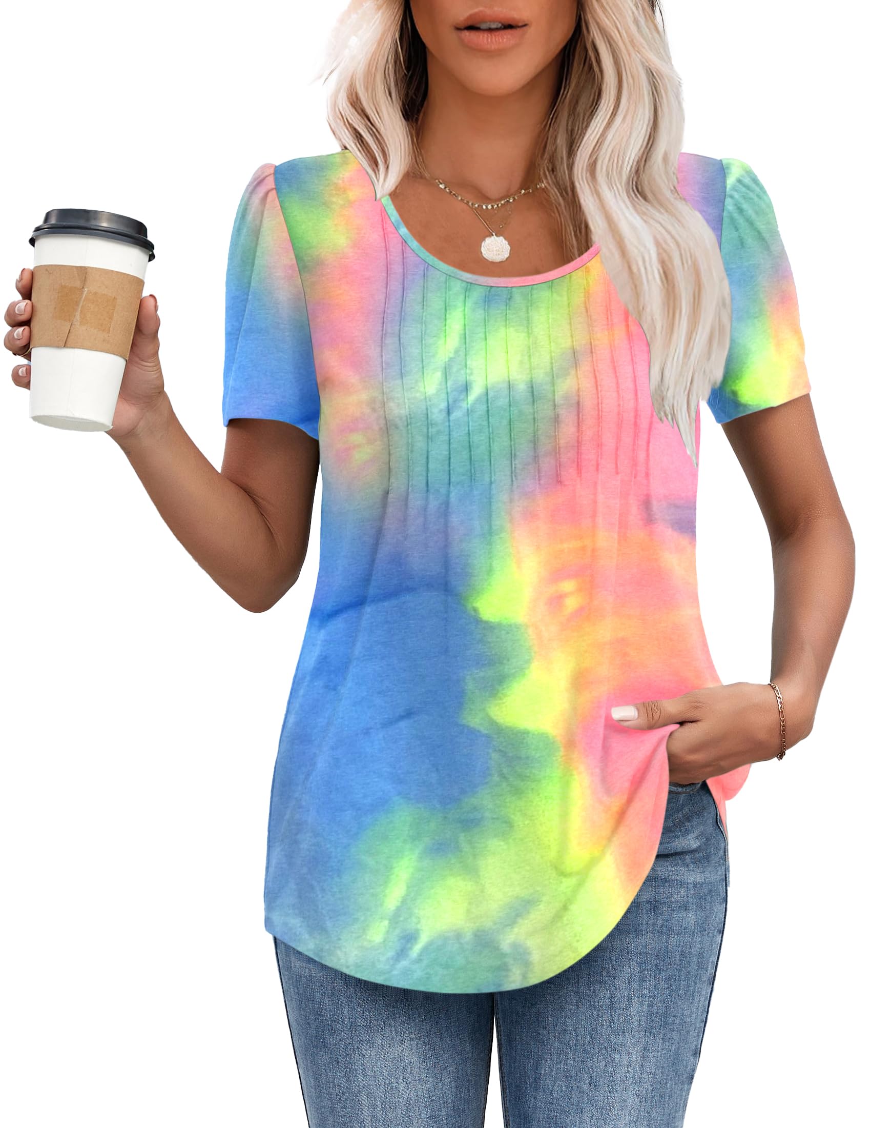 MOLERANI T Shirts for Women UK Round Neck Loose Casual Puff Short Sleeve Summer Tee Tops Front Pleated T Shirt Rainbow 2XL