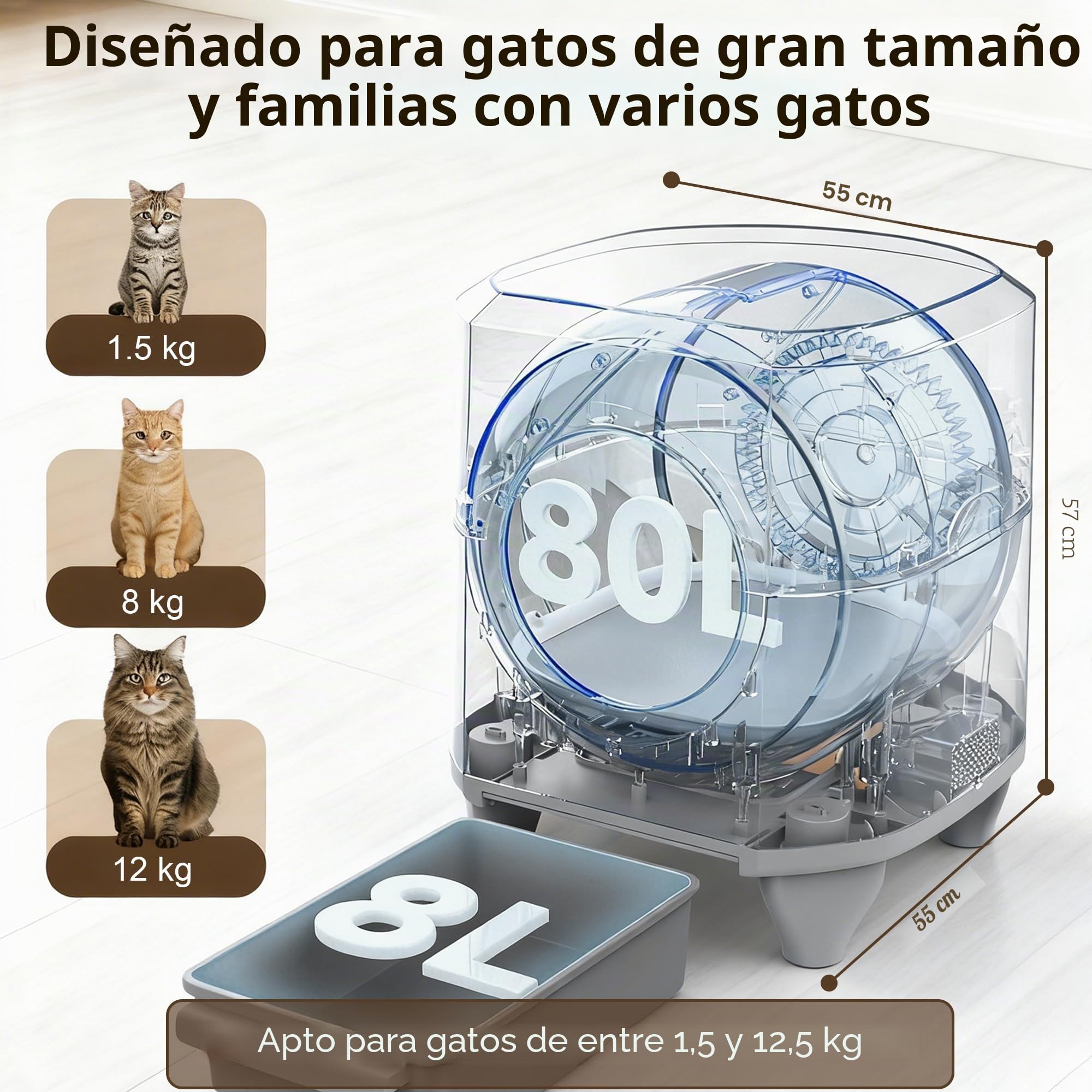 Arenero Gatos Autolimpiable, Caixa de Areia para Gatos Automatico, Estante Superior para Almacenamiento, Protección de Seguridad, App Control, Capacidad Grande de 80 litros, para Gatos Grandes