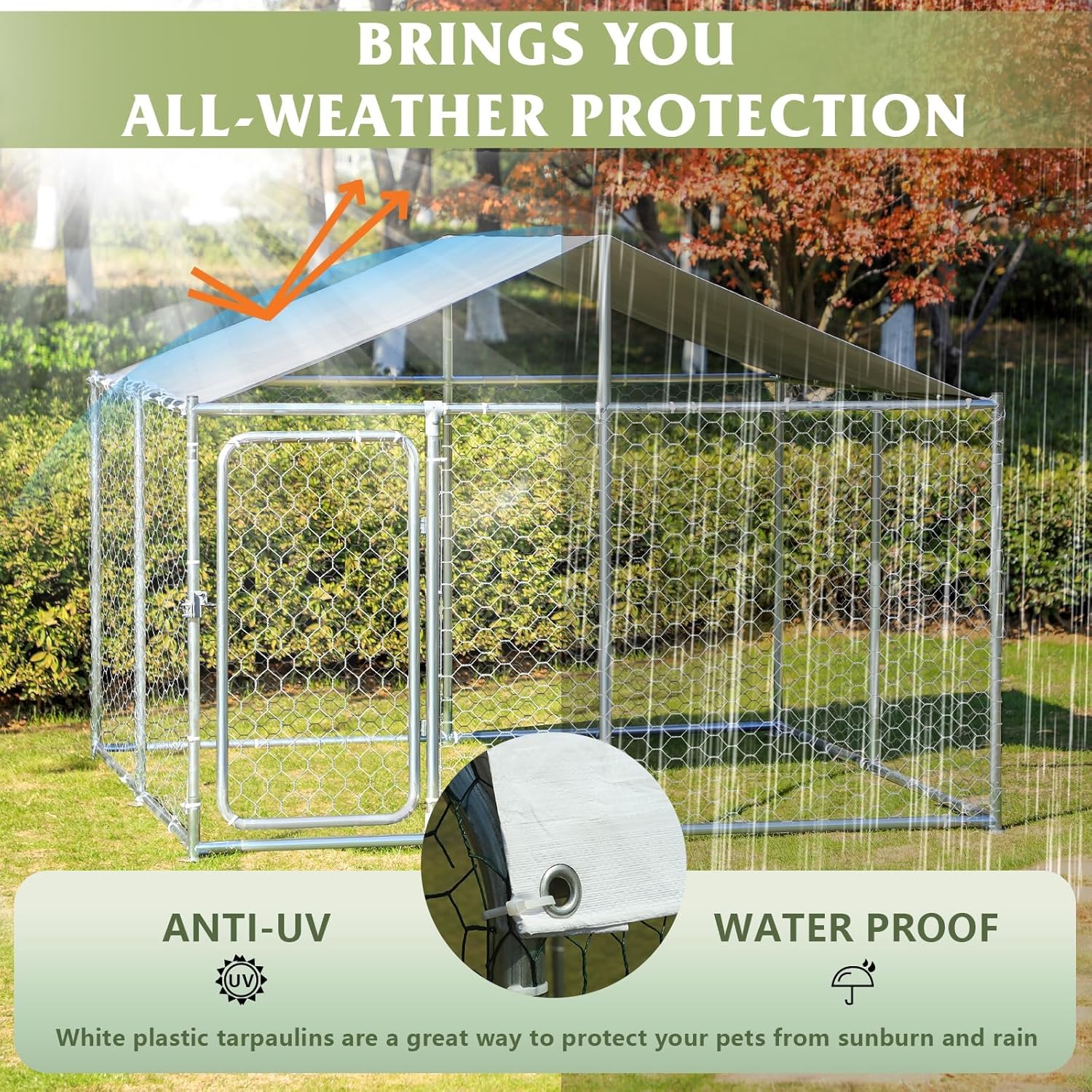 Large Outdoor Kennel, Heavy Duty With Water&UV-Resistant Proof, Galvanized Steel Pens Outside House for Dog Run, Playpen (90" L x 90" W x 63" H), Silver