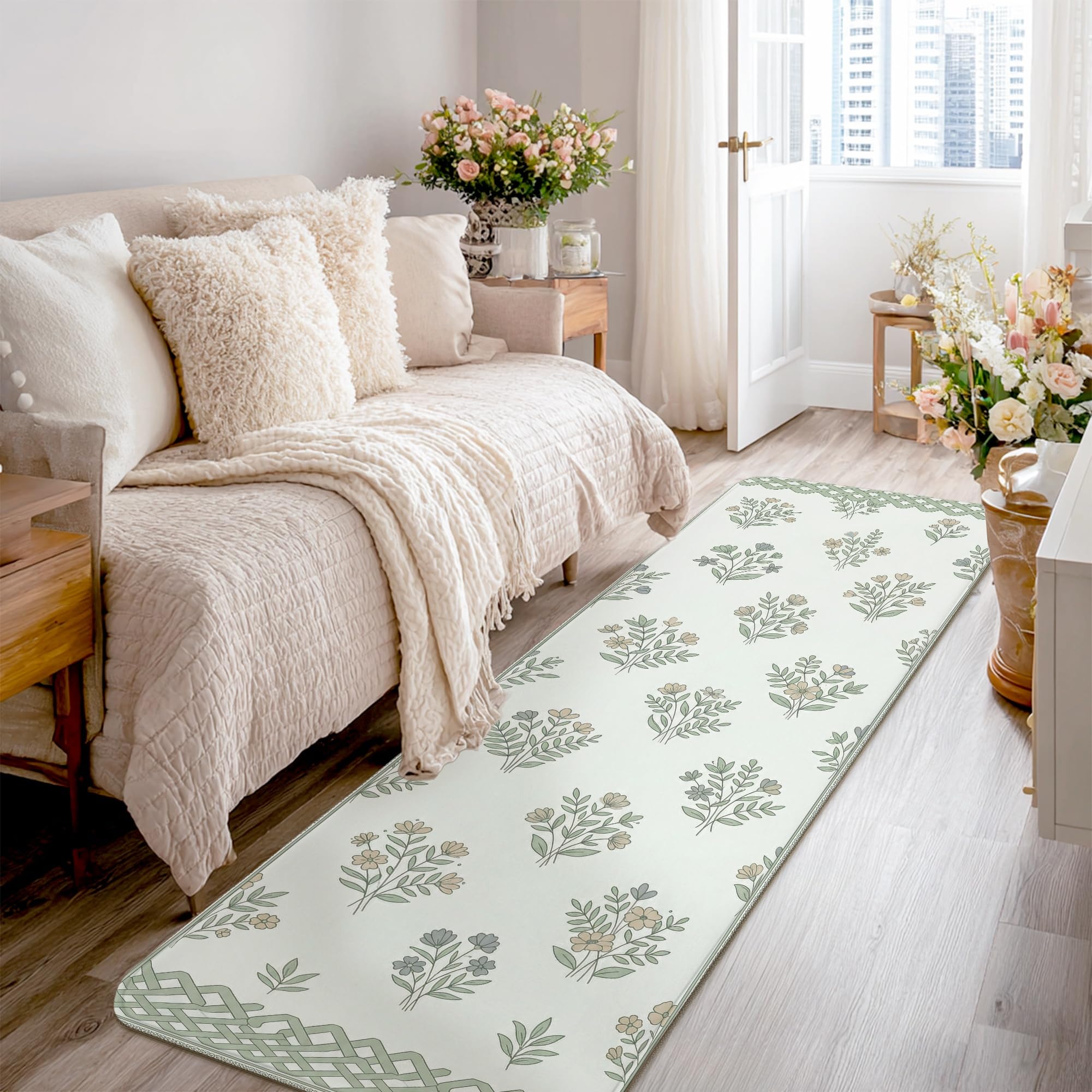 Tapis de couloir vert 0,6m imprimé floral et feuillage avec dos antidérapant pour entrée