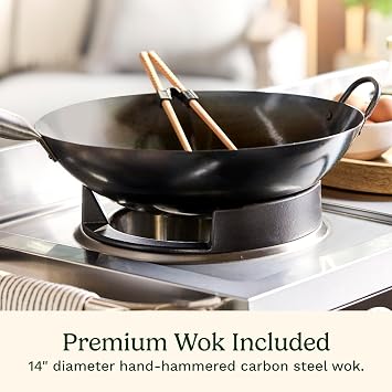 Cuisinart Outdoor Wok Station, 50,000 BTU Propane Outdoor Wok Burner with Prep Table, 14 Carbon Steel Fry Pan, Stainless Steel Side Table, Storage, Outdoor Cooking Station for Stir Fry, Searing, BBQ
