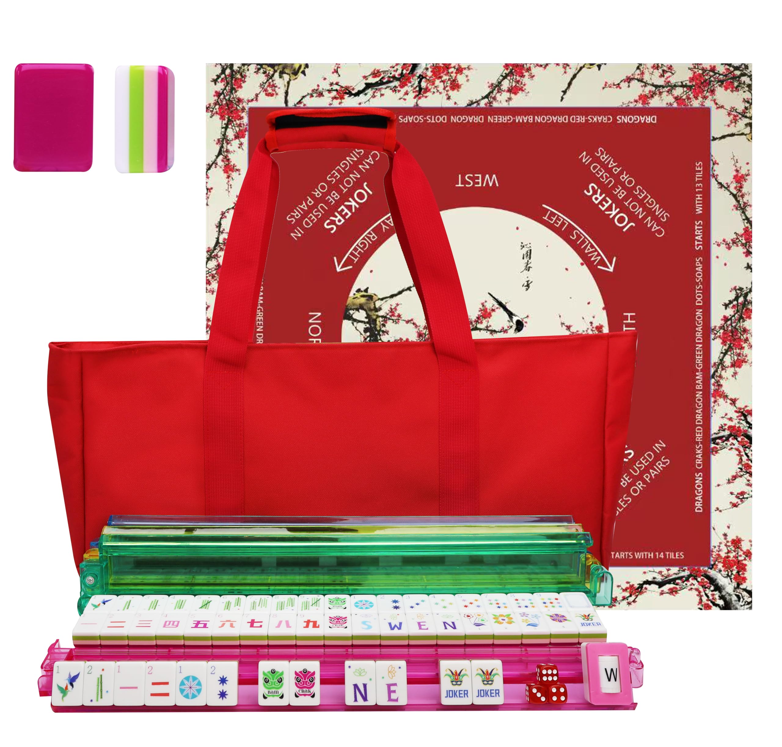 American Mahjong Game Set, Portable Carrying Bag,Acrylic 160 Tiles,Western Mahjong Tiles Set,Complete Ma Jong Set (Red)