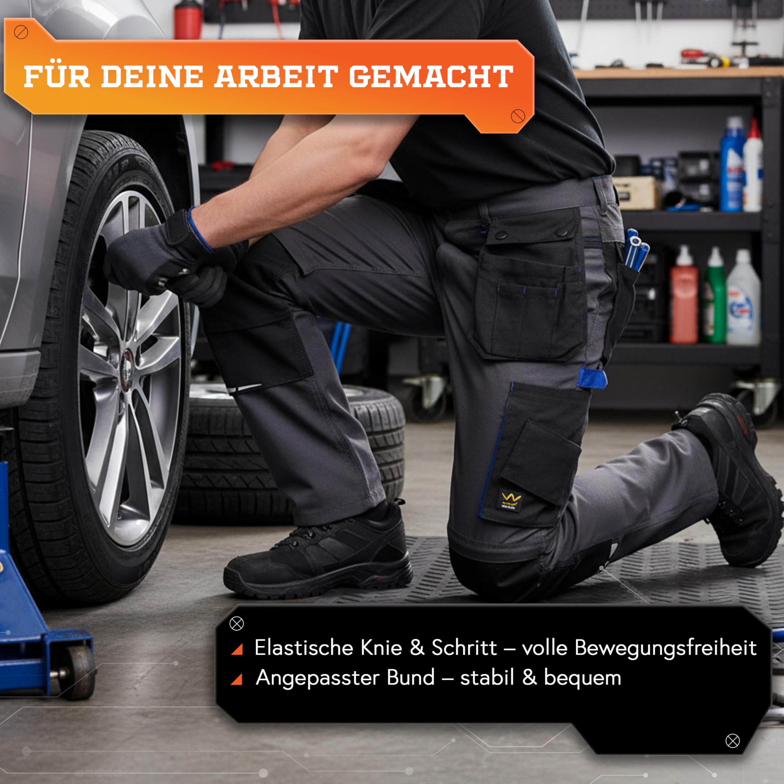 Seven Kings Arbeitshose Herren Ripstop Schwarz – Arbeitshosen Männer Stretch mit abnehmbaren Holstertaschen – mit abnehmbares Beinteil für heiße Tage – Gummizug im Bund – viele Taschen