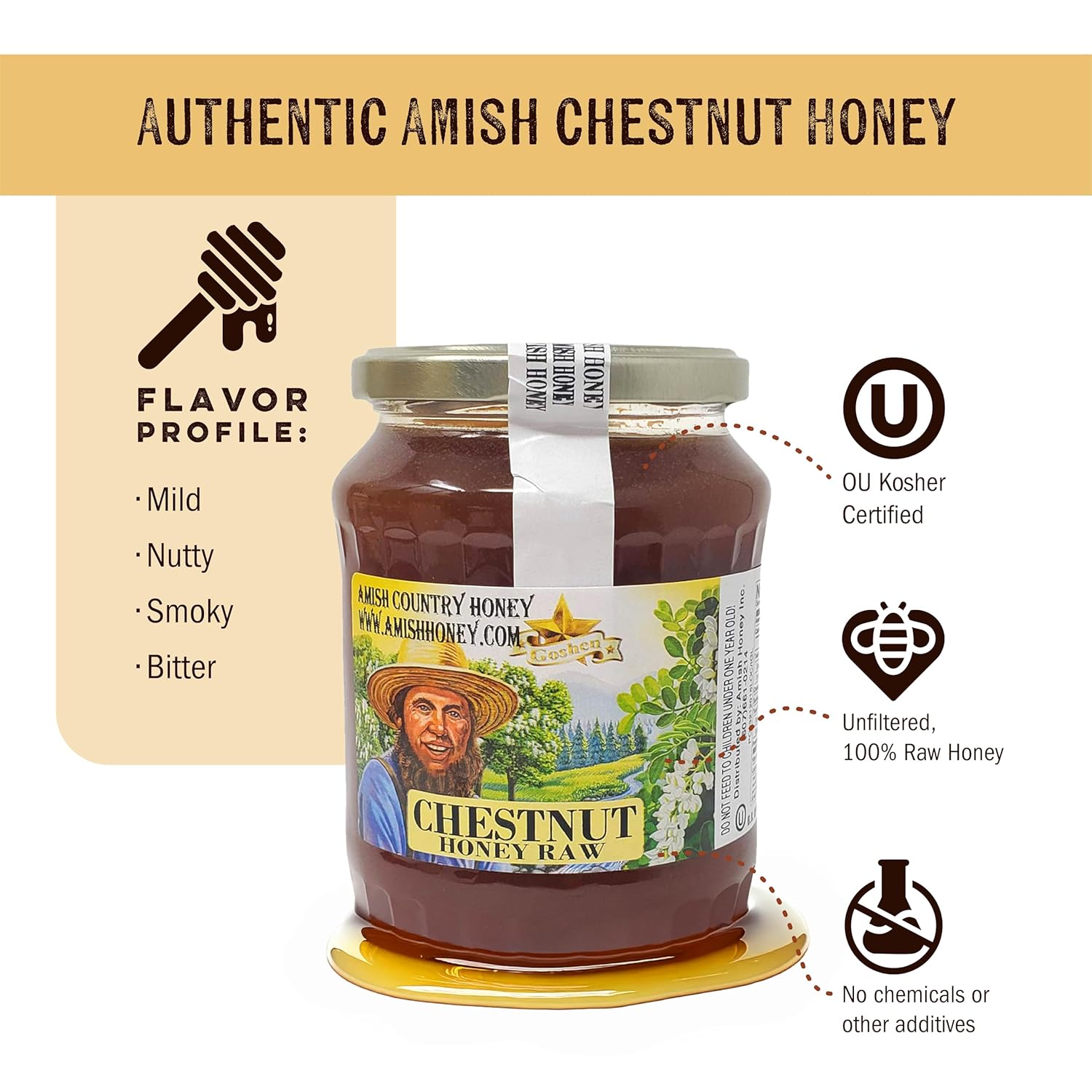 Goshen Amish Country Extremely Raw Chestnut Honey - Unfiltered, Unprocessed, Pure & Natural - Harvested in the USA - Rich Flavor for Tea, Cooking, Wellbeing - Kosher Certified - 32oz Glass Jar