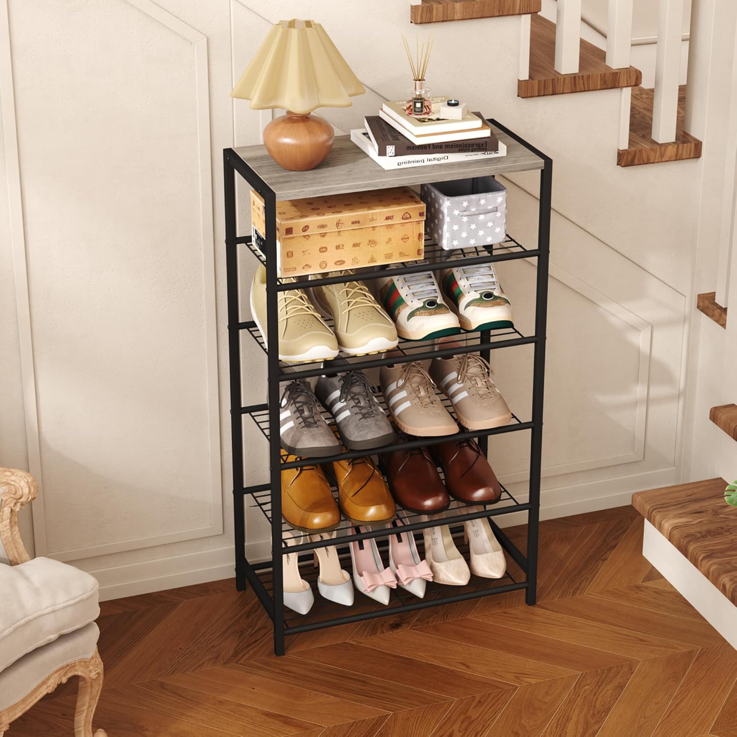 HOMEFORT 6 Tiers Shoe Rack Organizer,23" Shoe Storage Shelf for Closet, Shoe Rack for Entryway, Each Tier Fits 3 Pairs, Shoe Stand with Metal Shelves and MDF Top Board, Washed Gray