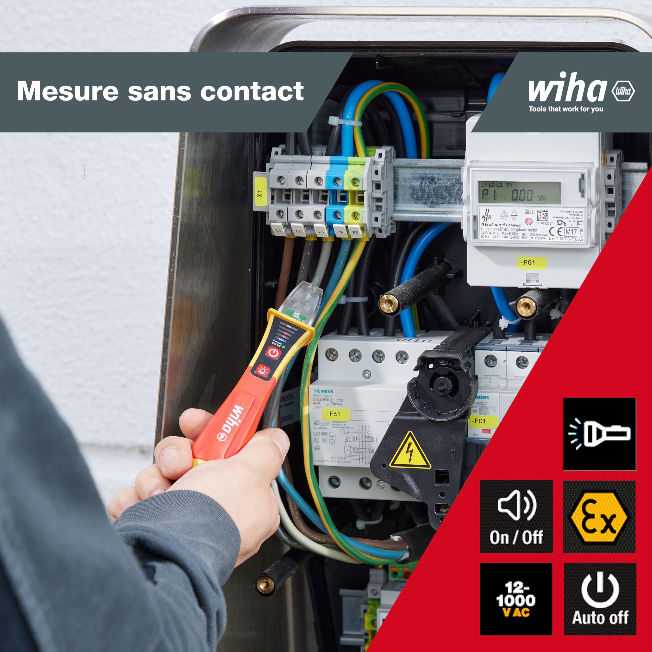 Wiha détecteur de tension sans contact, unipolaire, 12-1 000 VCA - antidéflagrant ATEX (CAT II) (44309)