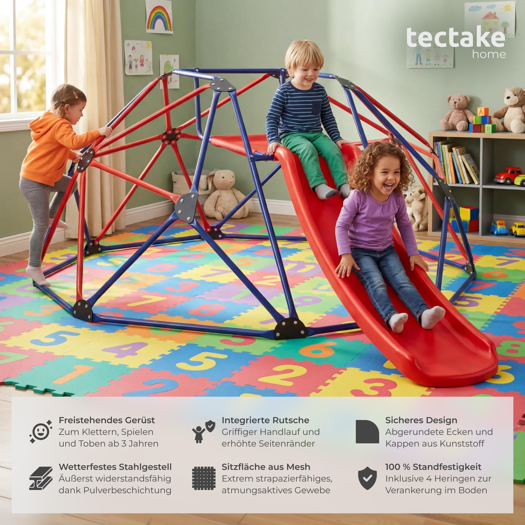 tectake® Klettergerüst, 185 x 243 x 90 cm, wetterfest, ab 3 Jahren, Sitzfläche aus Meshgewebe, inklusive 4 Heringe, Kletterturm, Spielturm, Gartenspielplatz, Kletteranlage - mit Rutsche, blau/rot