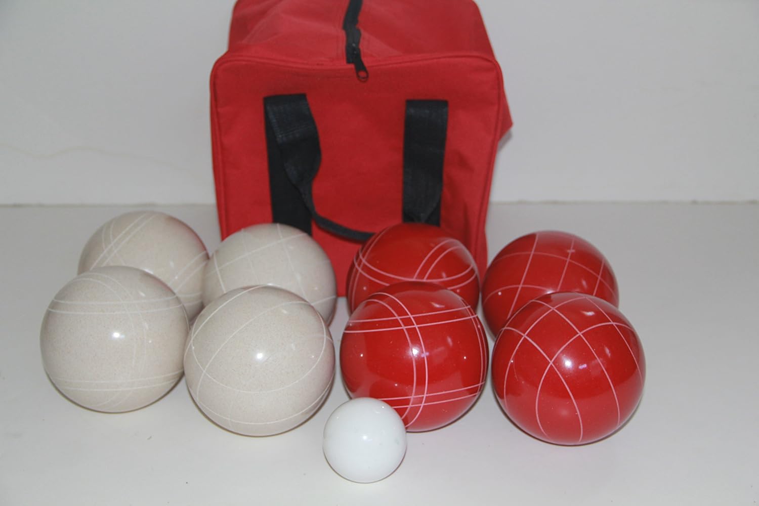 BuyBocceBalls Listing - Made in USA, Premium Quality Tournament Bocce Set - 110mm White and Red Balls, Nylon red Bag, 998 Grams (2 lbs. 3.2 oz.). Various Bag Colors