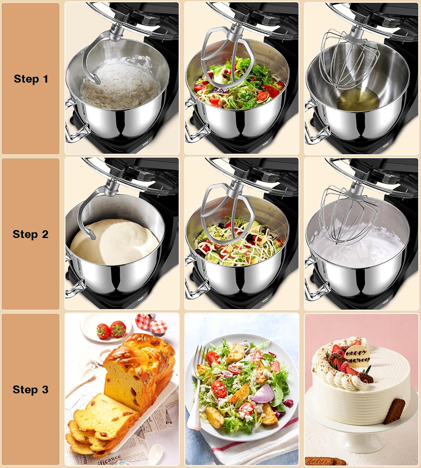 Three-step mixing process using Facelle Stand Mixer: adding ingredients, mixing, and final product.
