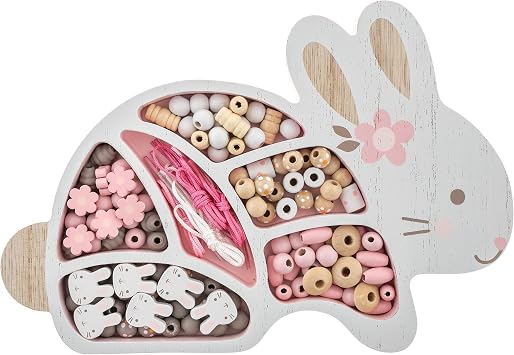 Stephen Joseph, Jewelry Making Kit for Girls Ages 38, Wooden Beads, DIY Bracelet Necklace Kit, Friendship Bracelet Gift, Arts & Crafts, 125 Beads, Toddler Gift with Reusable Storage Tray, Bunny