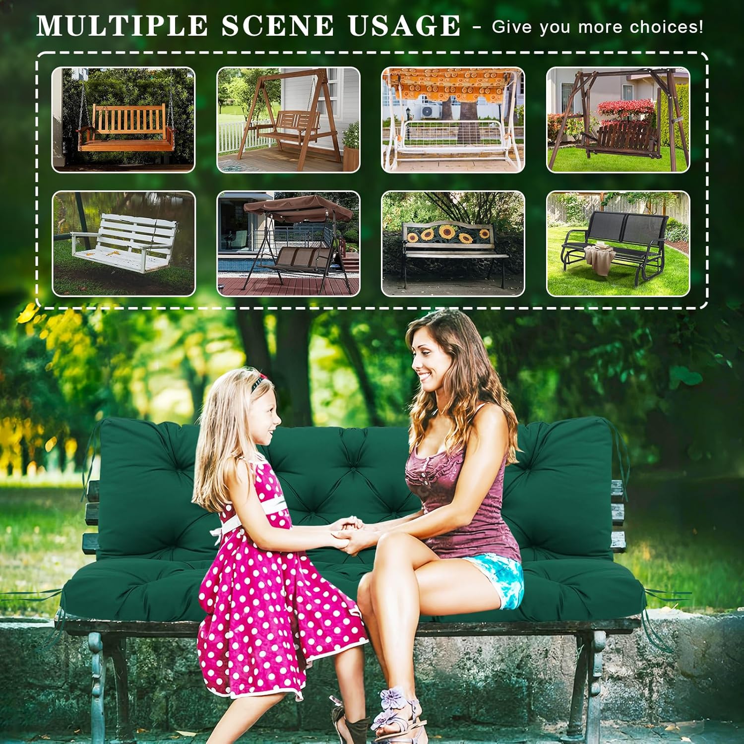 Outdoor Swing Cushions 2-3 Seat Replacement Waterproof Porch Swing Cushions 48 inch with Backrest and Ties Thicken 5 inch Bench Cushion for Patio Furniture Bench Cushions (Dark green 48x40x55inch)