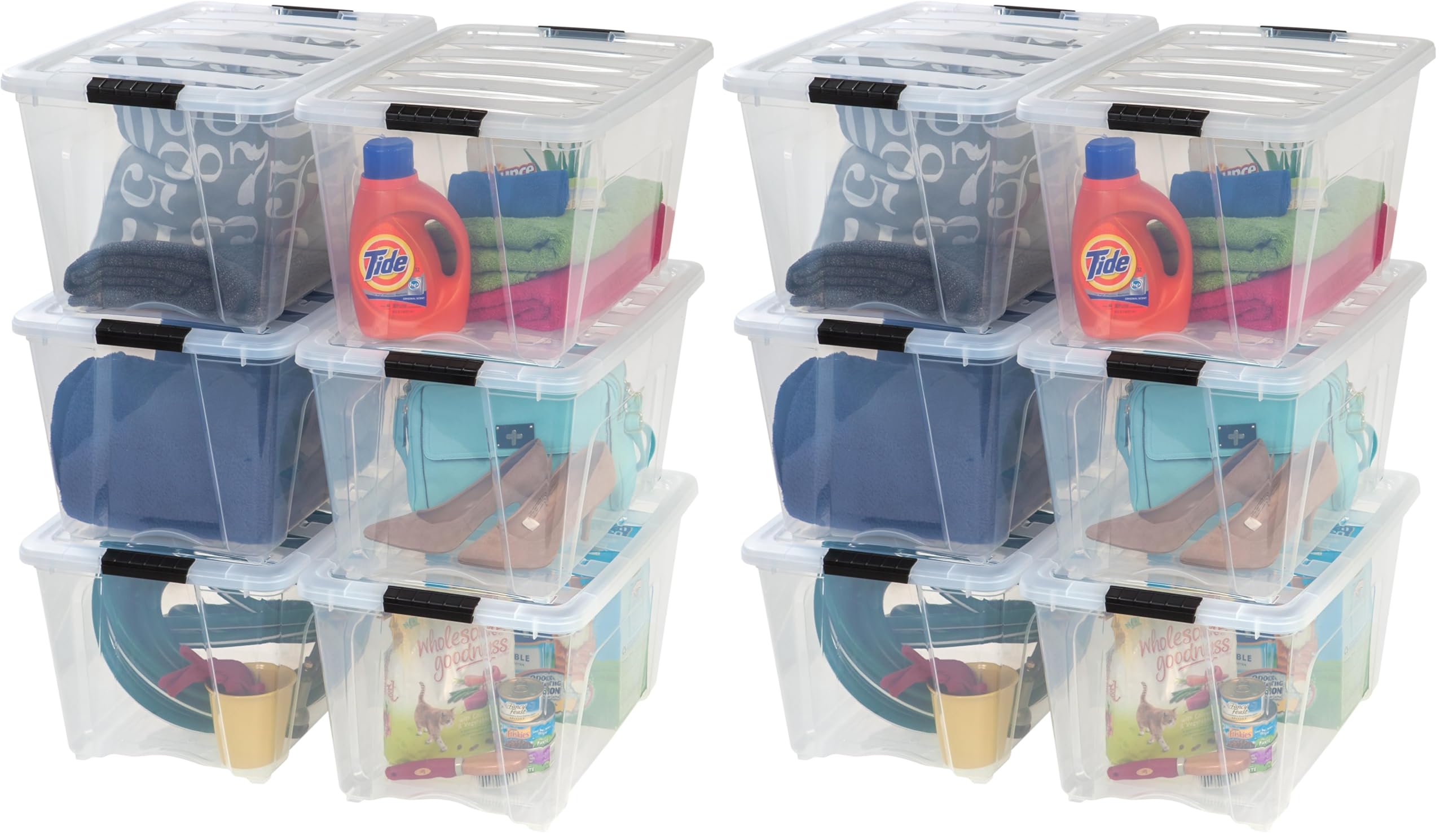 IRIS USA 54 Qt Stackable Plastic Storage Bins with Lids, 12 Pack - BPA-Free, Made in USA - See-Through Organizing Solution, Latches, Durable Nestable Containers, Secure Pull Handle - Clear