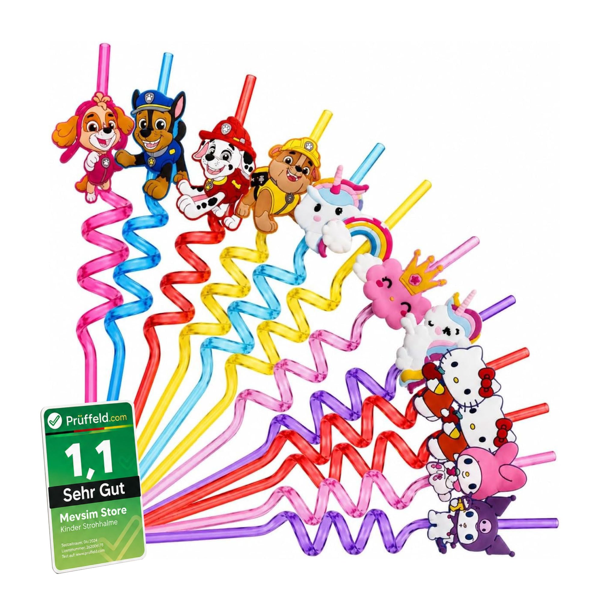 [Test very well, note 1.1*] Paw Patrol, Hello Kitty & Unicorn - Pack of 12 Reusable Plastic Straws - Colorful Party Straws for Children's Birthday