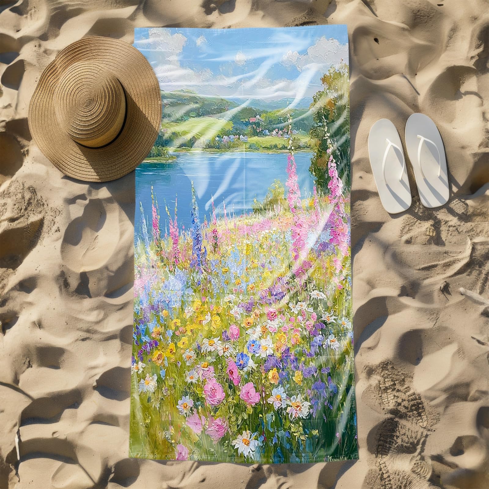 Tapis de Plage XXL Anti Sable Fleur De La Rivière Bleue Serviette Piscine Adulte,Natte De Plage Pliable, Voyage Accessoires De Plage Camping,Serviette de Bain Personnalisée