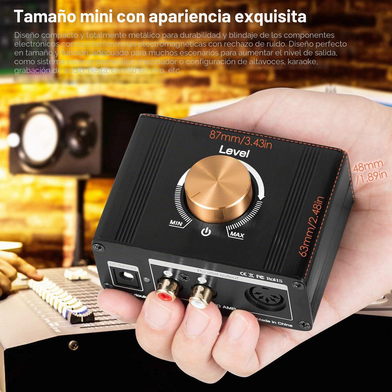Mini Stereo Line Level Booster - Amplificador de audio para MP3, iPod, iPad, iPhone, 20 dB de ganancia y control de volumen