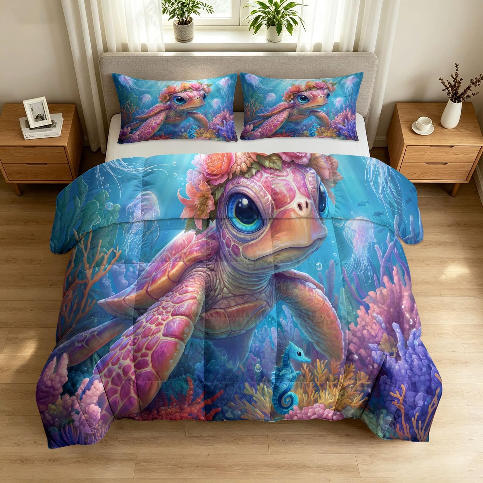 Sommerdecke ohne bezug 155x220 cm Blau Cartoon Tier Blumen Antiallergisch Leichtsteppbett & Ganzjahresdecke - Waschbar mit 2 Kissenbezügen Meeresschildkröte Blumenkranz Weiche und Atmungsaktive Wende