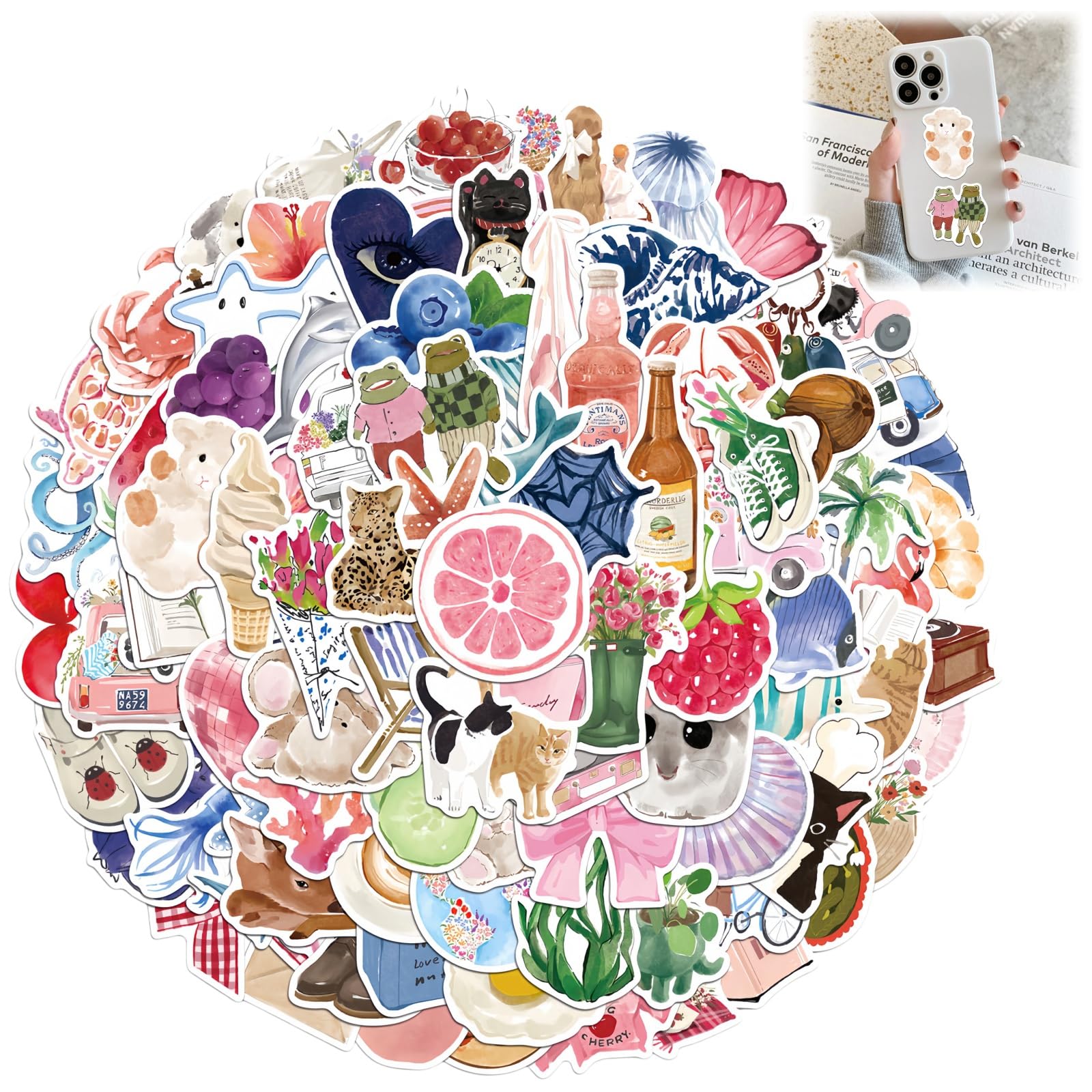 100 Pack Aesthetic Doodle Stickers, Cute Cartoon Watercolour Designs Sticker, Waterproof Vinyl Decals for Water Bottle, Laptop, Journal, Suitcase, Unique Gift Ideas for Girls, Adolescents, Adults