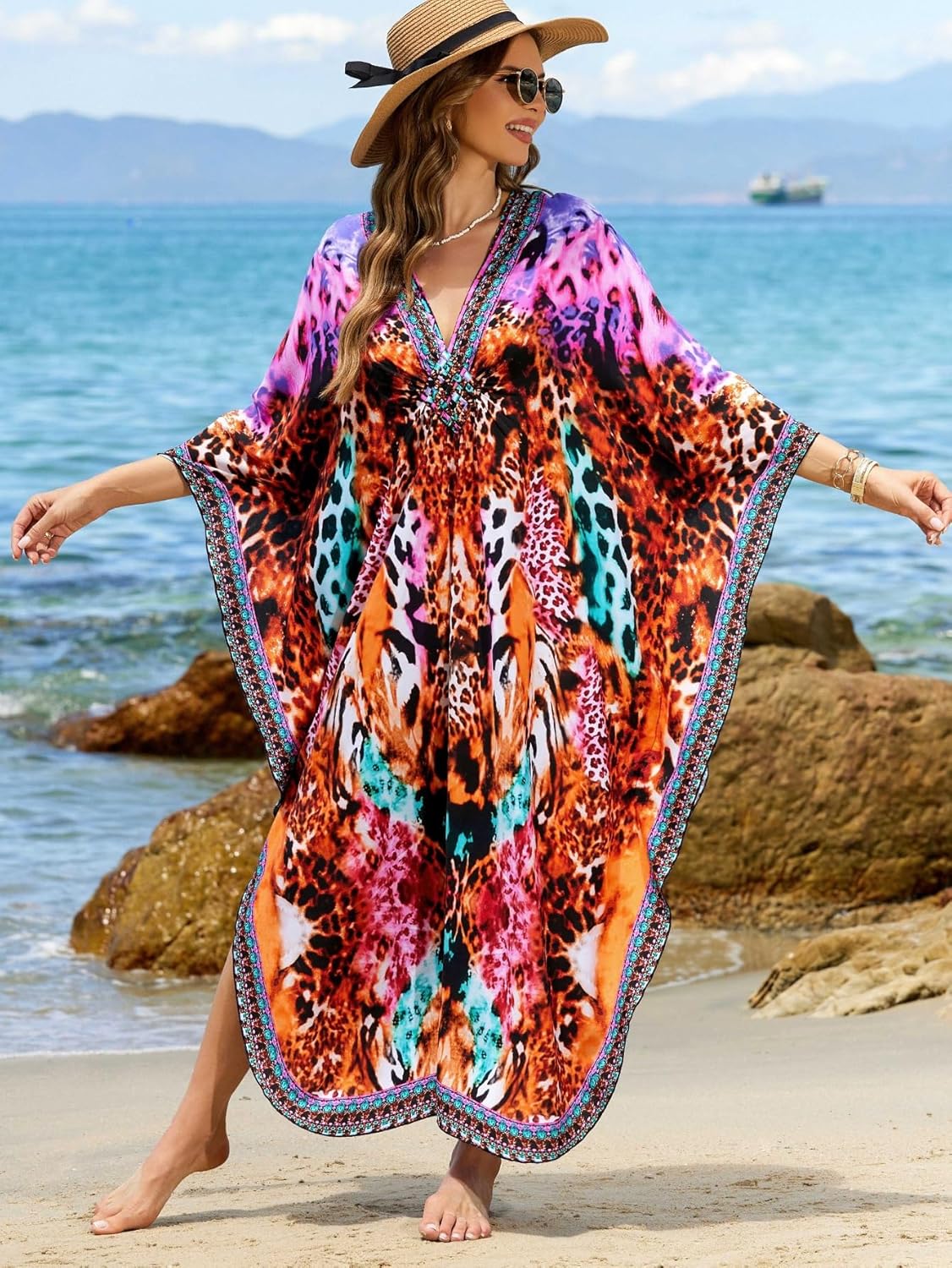 Kaftan Dresses for Women Plus Size V-Neck Moo Moos Batwing Kaftan Beach Dress Bathing Suit Cover-Up Loungewear - Image 4