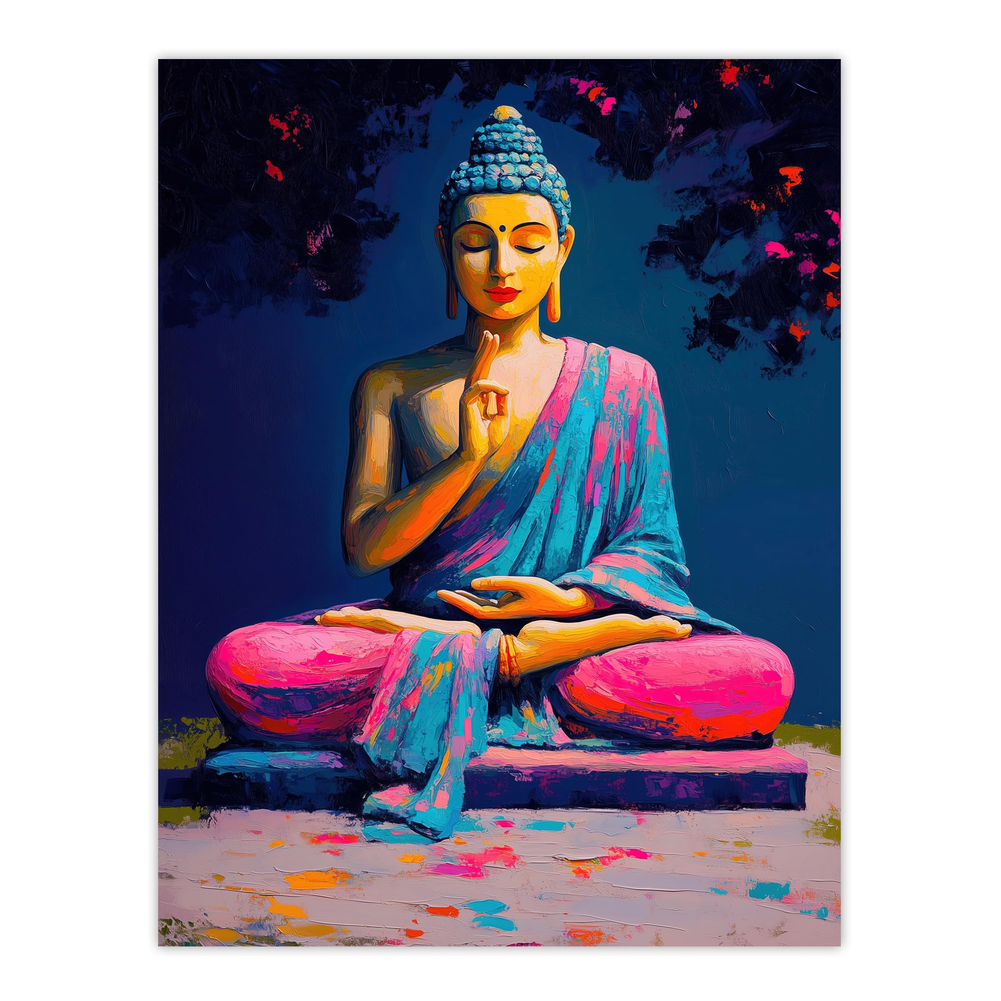 Artery8 Buddha Statue - Pink Blue Buddhism Mindfulness Wall Art Print - W24 inch x H32 inch
