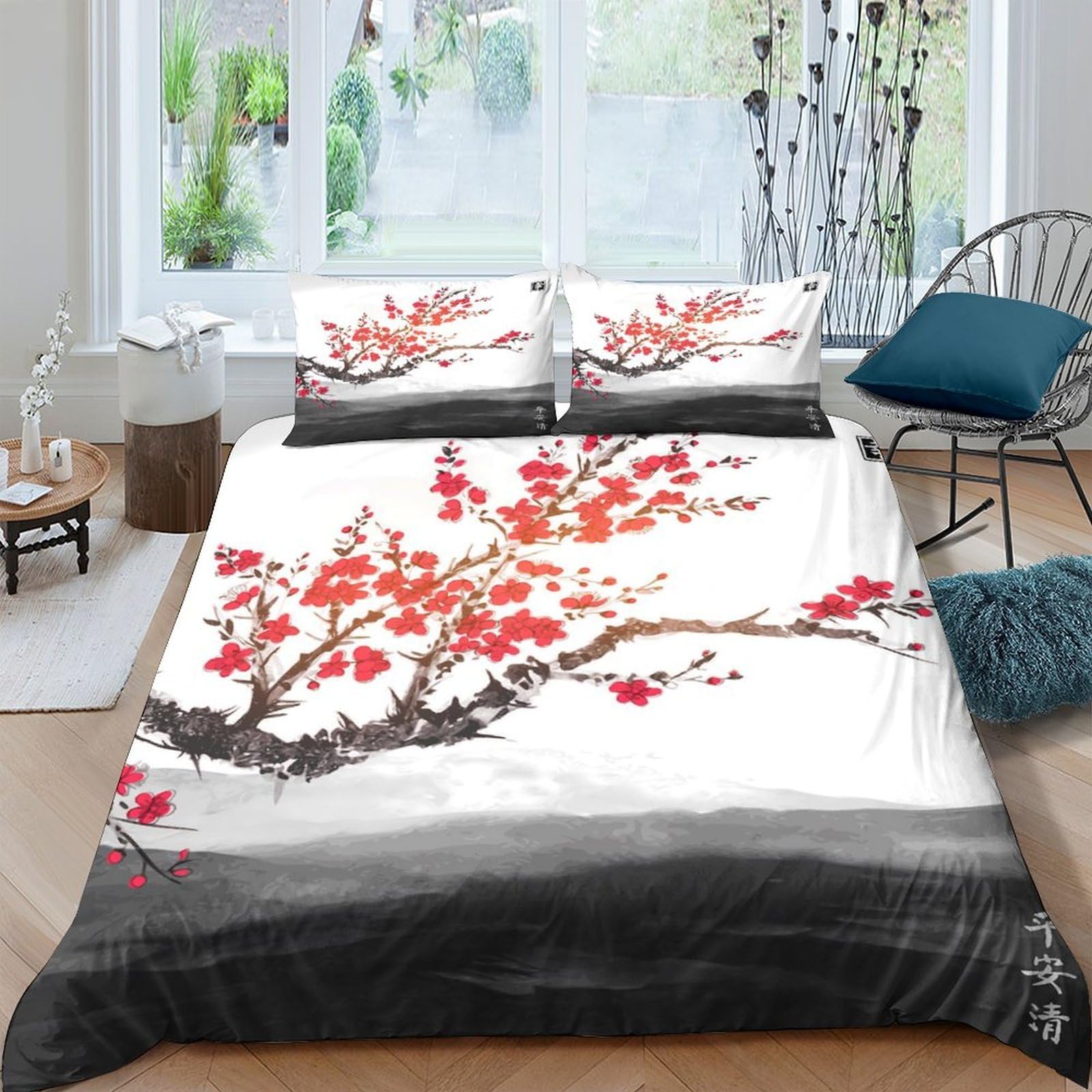 Ctjqhvkz Style-7 3D Printed Cherry Blossom Fitted Sheet Microfiber Soft Breathable Ink Painting Bed Cover For Bedroom Guest Room Decor Single（135X200cm）