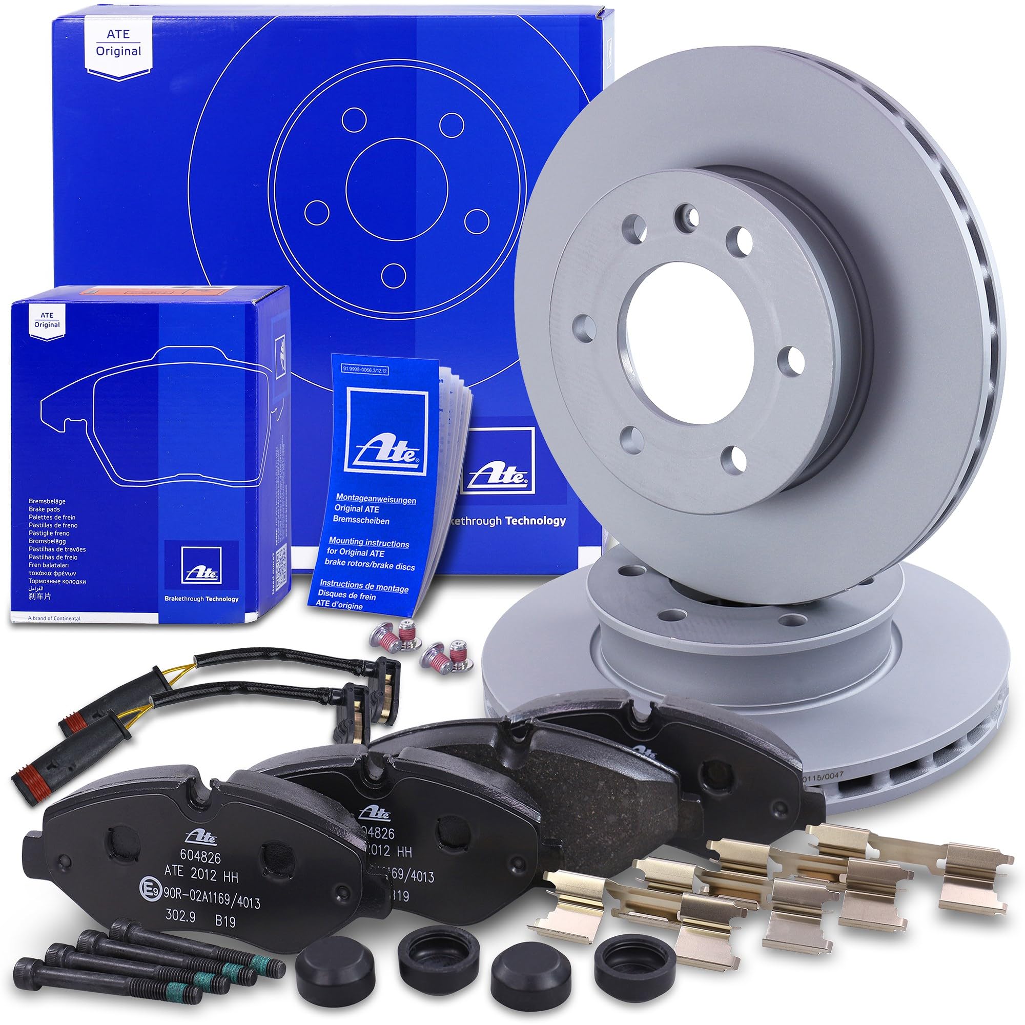 ATE Bremsenset Vorderachse inkl. Bremsscheiben vorne Ø 300 mm belüftet und Bremsbeläge vorne + Verschleißkontakt Kompatibel mit MERCEDES SPRINTER 3, 5-t Bus, Kasten, Pritsche, VW CRAFTER