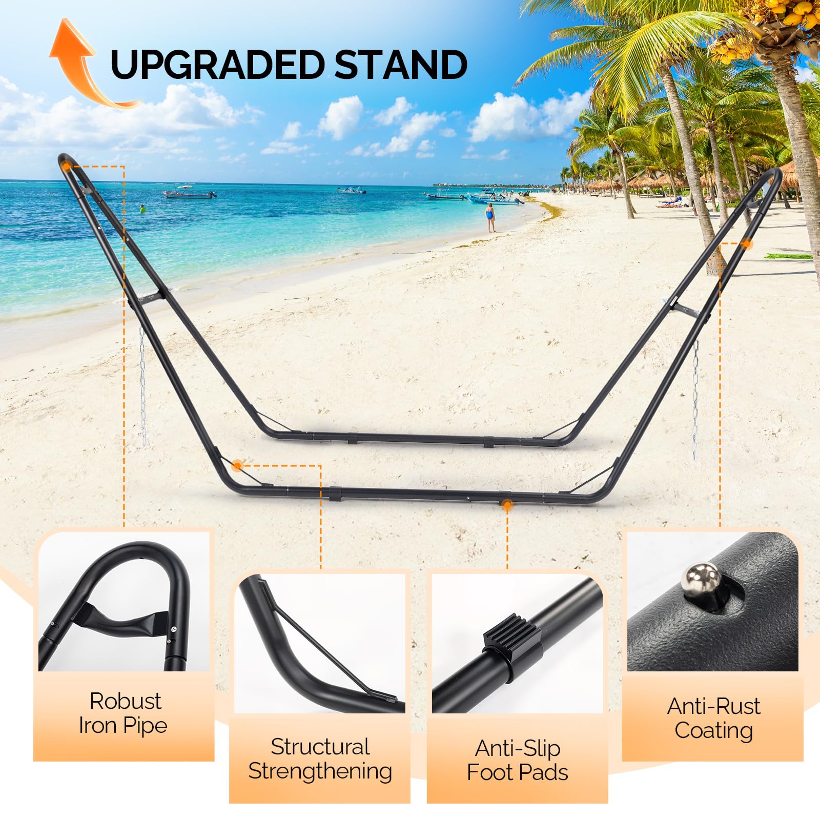 LEADZM Hängematte mit Gestell, Universelle Hängemattenhalterung aus Stahl, bis 250 kg, Großes Doppelstangen-Hängematten-Set - Graue, doppellagige Baumwollbettauflage, 315x133x101 cm