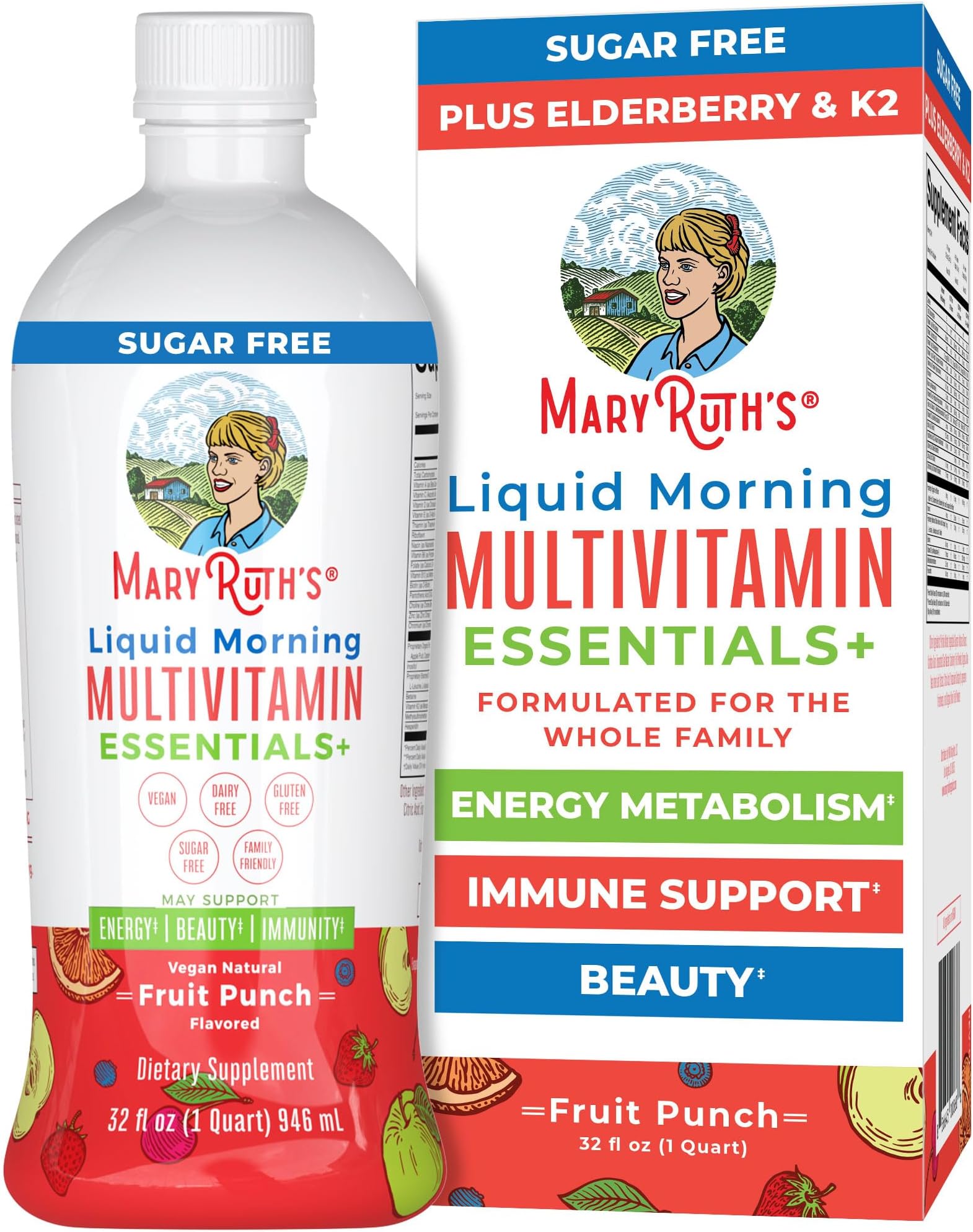 MaryRuth Organics Liquid Morning Multivitamin Essentials+ | Vitamin A C D E B6 B12 Biotin Zinc, Mens Womens Multivitamin, Immune Support, Beauty | Sugar Free | Vitamins for Ages 1+ | Vegan | 32 Fl Oz