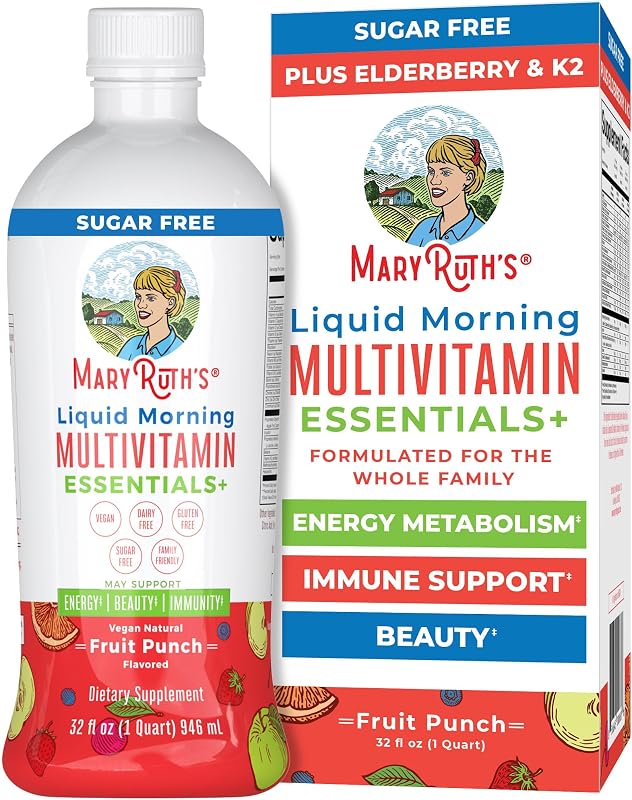 MaryRuth's Liquid Morning Multivitamin Essentials+, 2 sabores, vegano, 32 oz | Vitamina A C D E B6 B12 Biotina Zinc, Multivitamina para hombres y mujeres, Apoyo inmunológico, Belleza, Sin azúcar, Vegano, A partir de 1 año