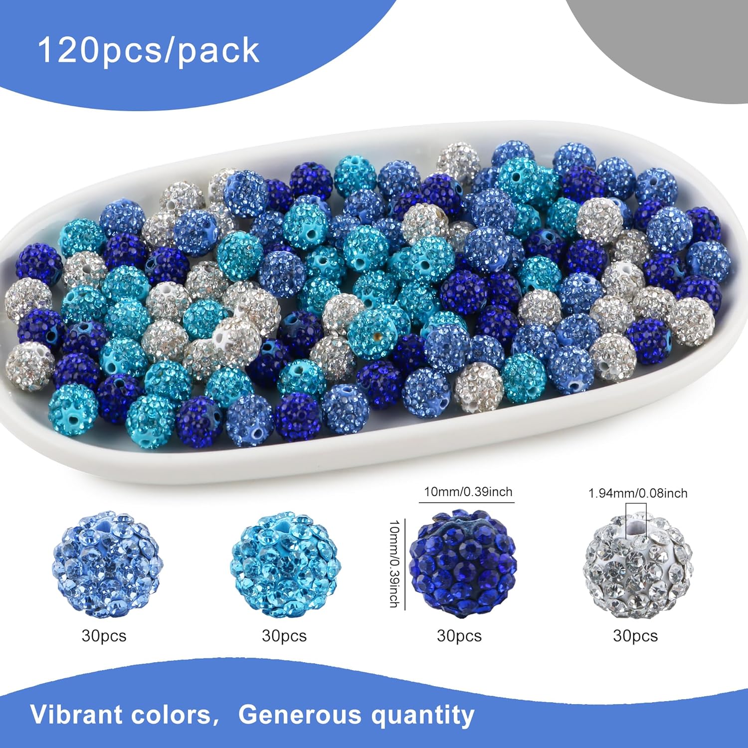 120Pcs Mixed Color 10mm Rhinestone Beads for Jewelry Making, Royal Blue White Round Sparkly Clay Crystal Disco Ball Beads for Necklace Bracelet and DIY Crafts - Image 3