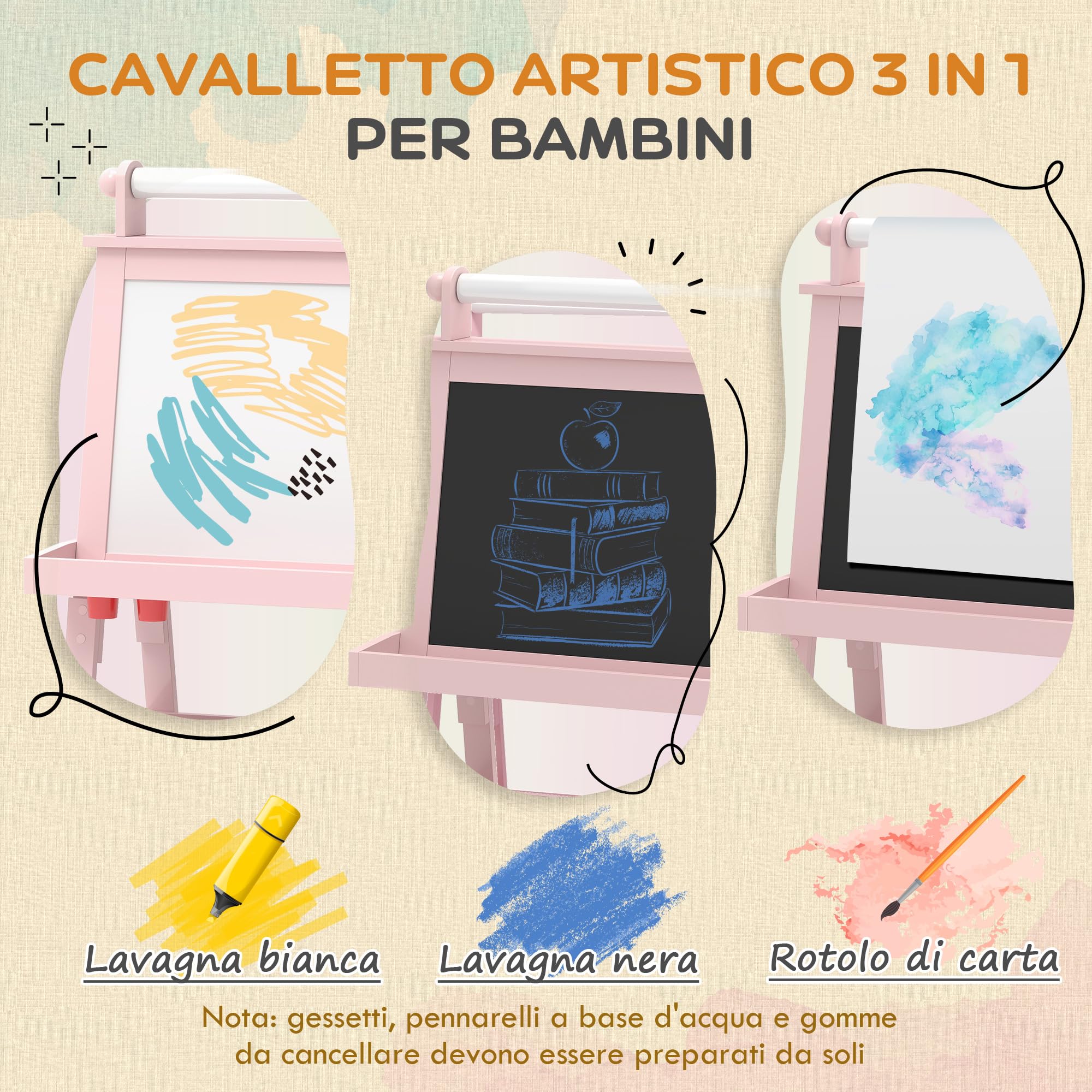AIYAPLAY Lavagna per Bambini Cancellabile a Doppia Facciate con Rotolo di Carta e 2 Contenitori, Lavagna Magnetica Bianco, Nero con Cavalletto Artistico in Legno per Pittura e Regalo, 3-6 Anni, Rosa