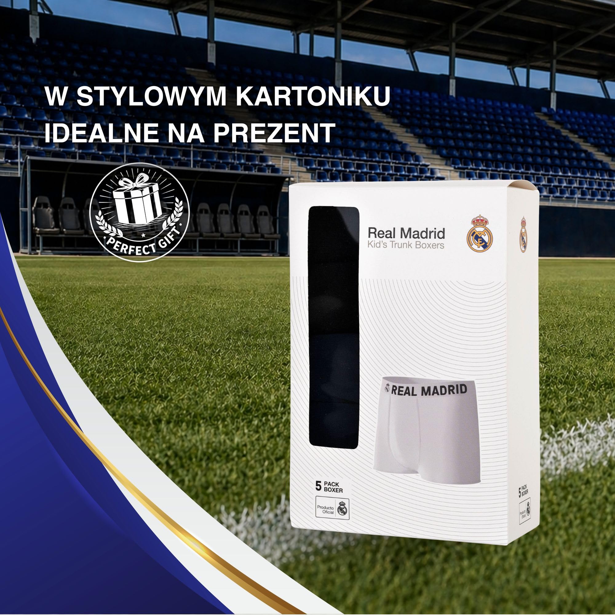 Real Madrid Bokserki chłopięce, 5 sztuk, mieszanka bawełny, logo i logo, jednokolorowe