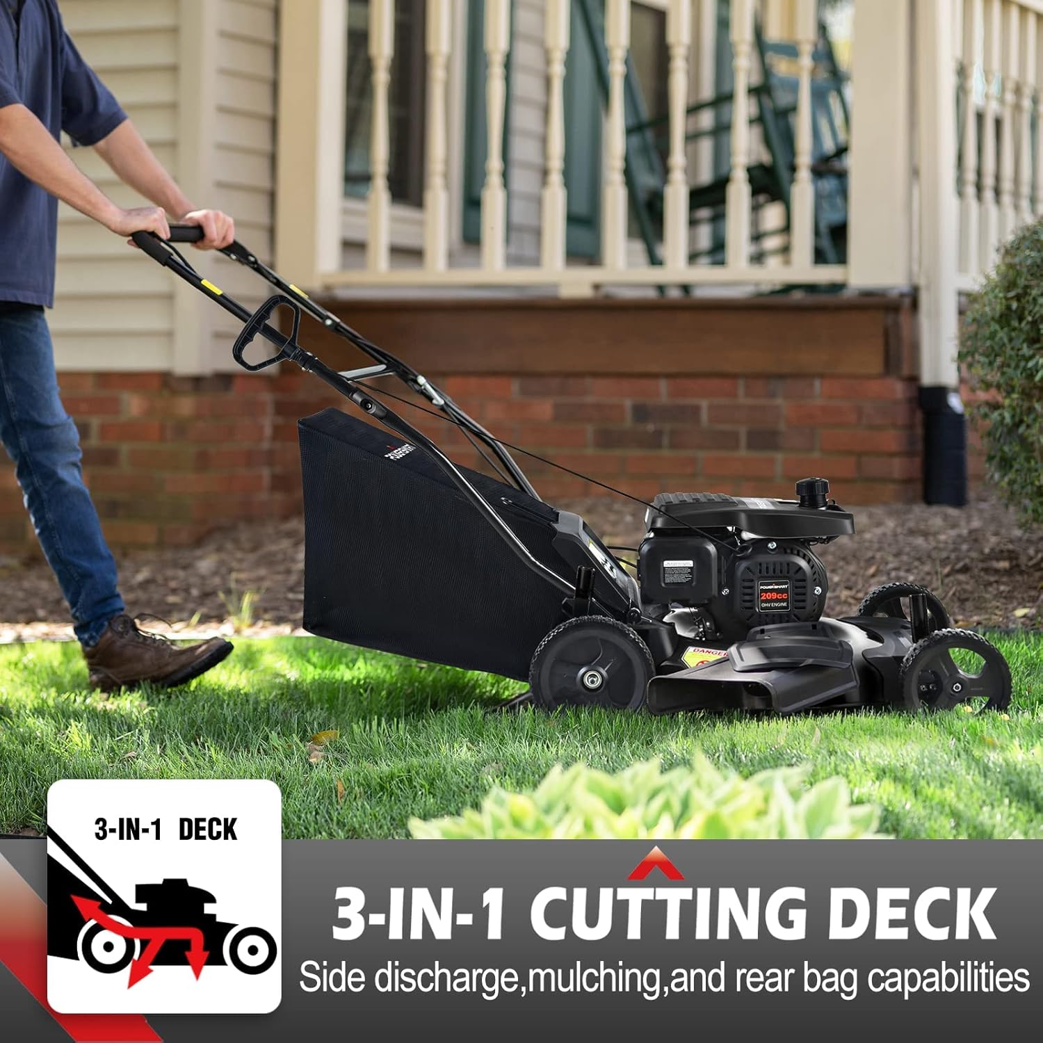 review Lawn Mower Gas Powered with Bag 21 Inch with 209CC 4-Stroke Engine 3 in 1 with 5 Adjustable Cutting Heights (1.18''-3.0'' ) (Black)