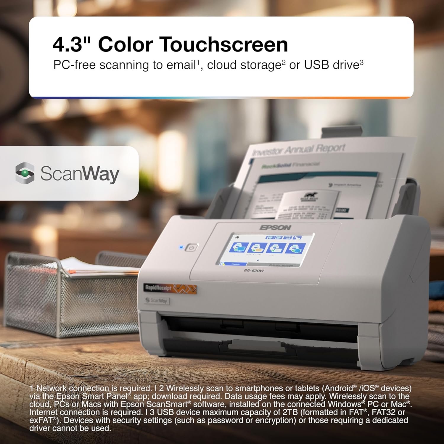 Epson RapidReceipt RR-620W Wireless & USB High-Speed AI & Cloud Ready Desktop Color Duplex Receipt & Document Scanner for Mac & PC, up to 45 ppm, 4.3" Color Touchscreen, 100-Page Auto Document Feeder 8 81fCP4yp3SL. AC SL1500