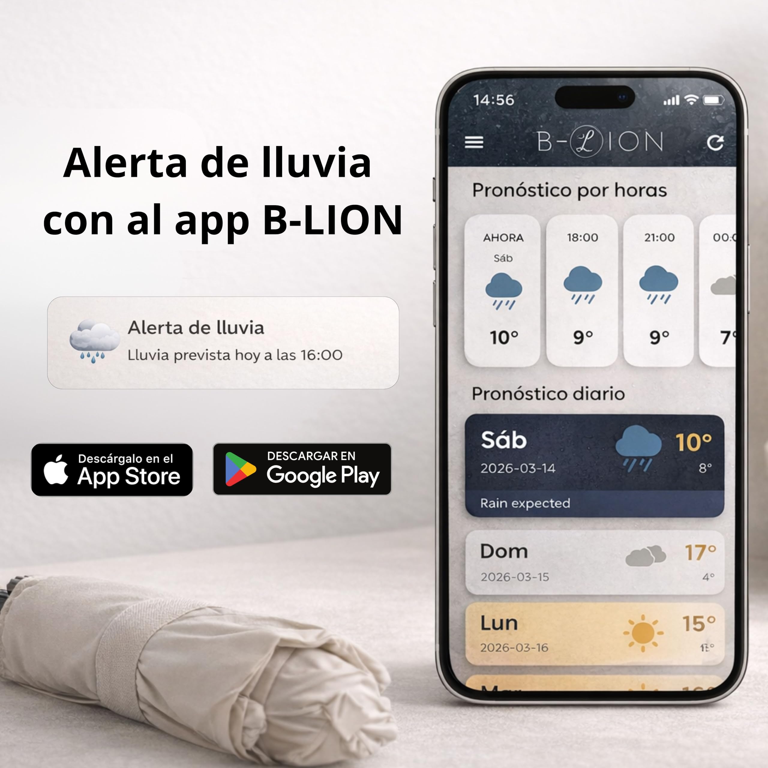 B-LION Paraguas Plegable Invertido con 10 Varillas Reforzadas, Banda Reflectante, Apertura y Cierre Automático, Antiviento y Mango con Hebilla – Fácil de Llevar para Hombre y Mujer