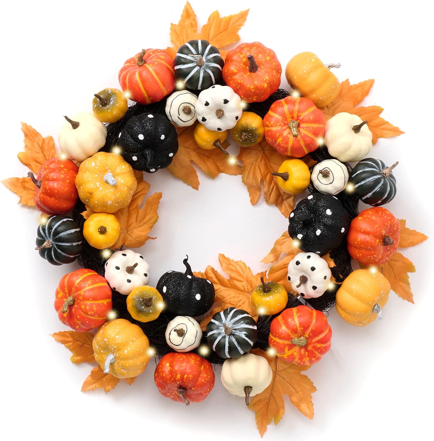 DecorbyHannah Halloween Pumpkin Wreath, 18 Inch Falloween Door Wreath Decorations with Lights for Fall and Halloween Indoor Outdoor Home Party Decor (Black Orange) Orange Black
