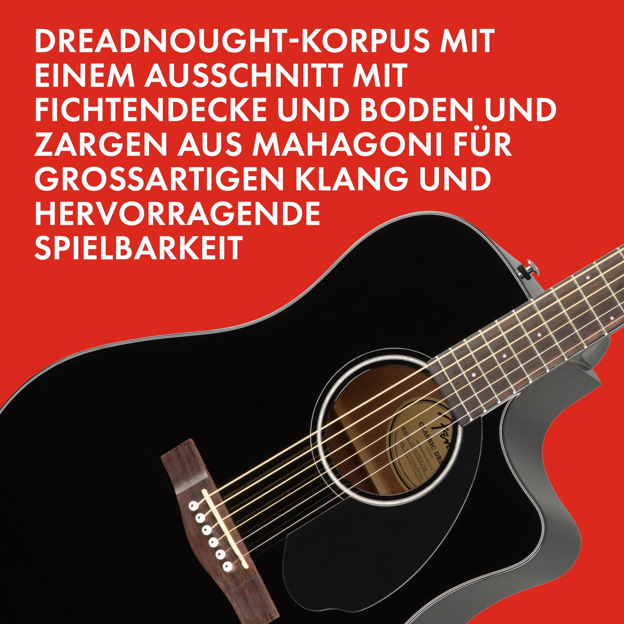 Fender CD-60SCE Dreadnought Elektroakustikgitarre, Hochwertige Westerngitarre mit Cutaway, Ideal für Bühne und Studio, Inklusive virtueller Kurse auf Fender Play, Schwarz