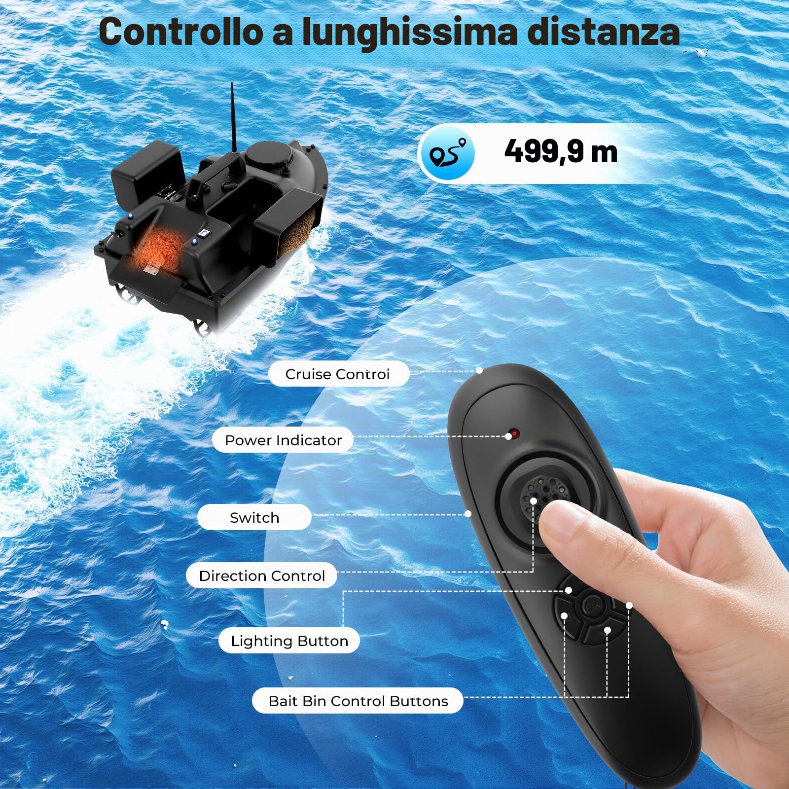 Barca per esche da pesca con telecomando da 500 m, con luce notturna a LED, portata 2 kg, per pesca notturna, telecomando, per laghi/fiumi, 2 ore