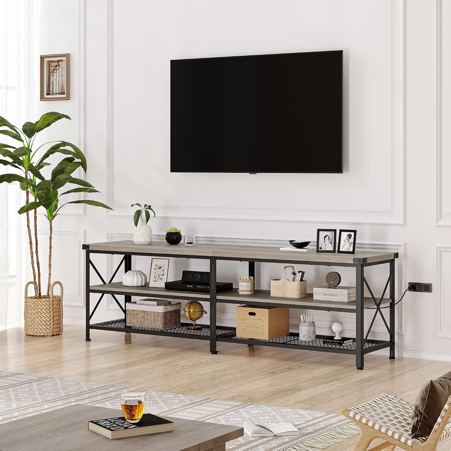 IDEALHOUSE TV Stand for 70+ 80 inch TV, Industrial TV Console Furniture with Power Outlets, LED Gaming TV Stand with Storage Shelf, Entertainment Center TV Media Table for Living Room, Bedroom
